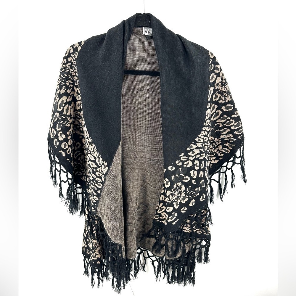 Karen Hart Double Layer Cardigan Cape Wrap One Size Fringe Poncho Boho Indie
